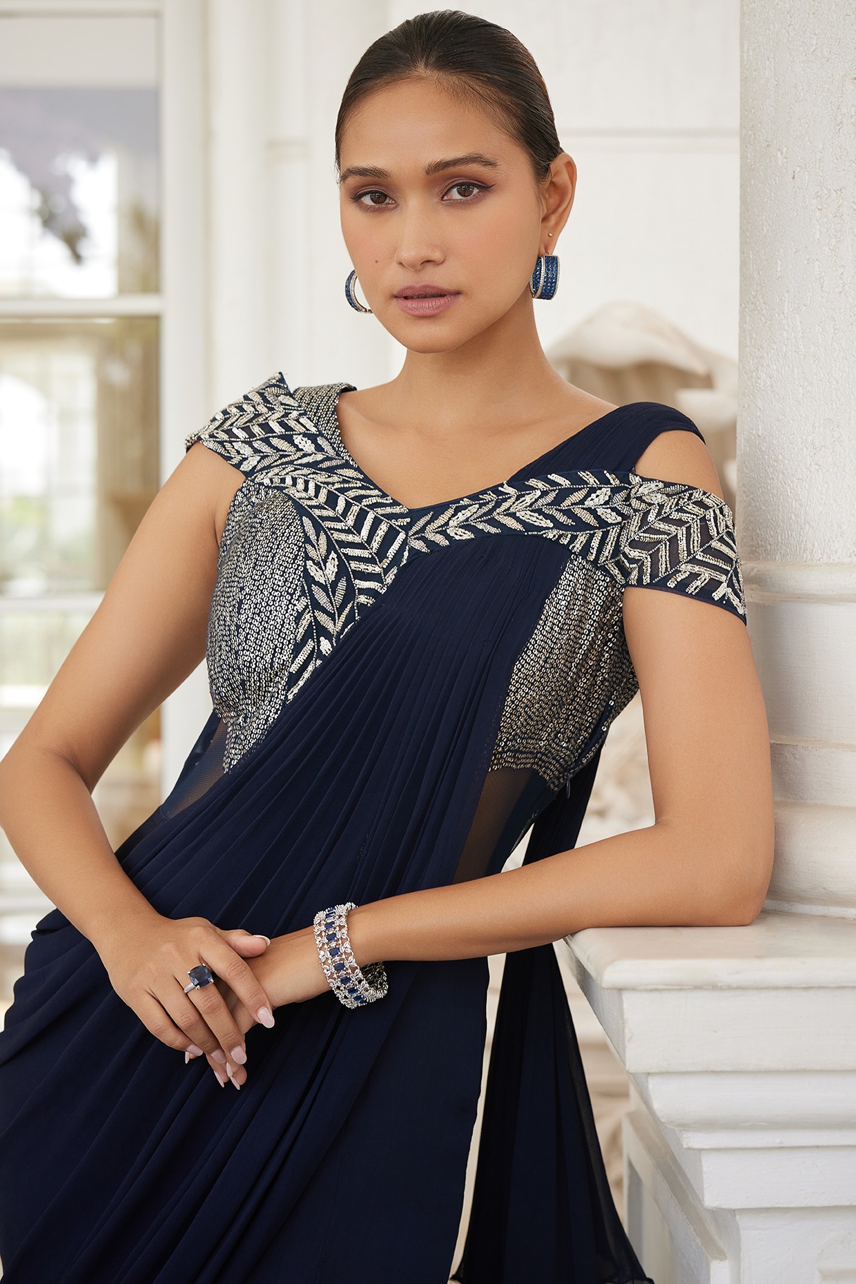 Georgette Contemporary Style Saree in Navy Blue buy online - Saree